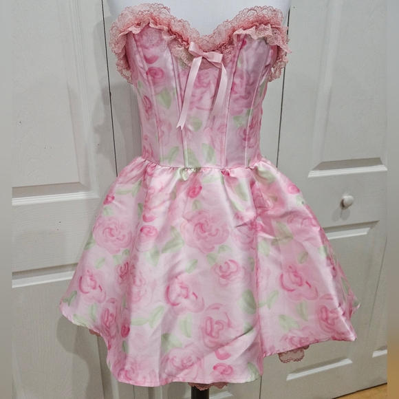 Dolls Kill Sugar Thrillz Forever Fancy Corset Pink Floral Rose Lace Mini Dress S - Picture 13 of 13